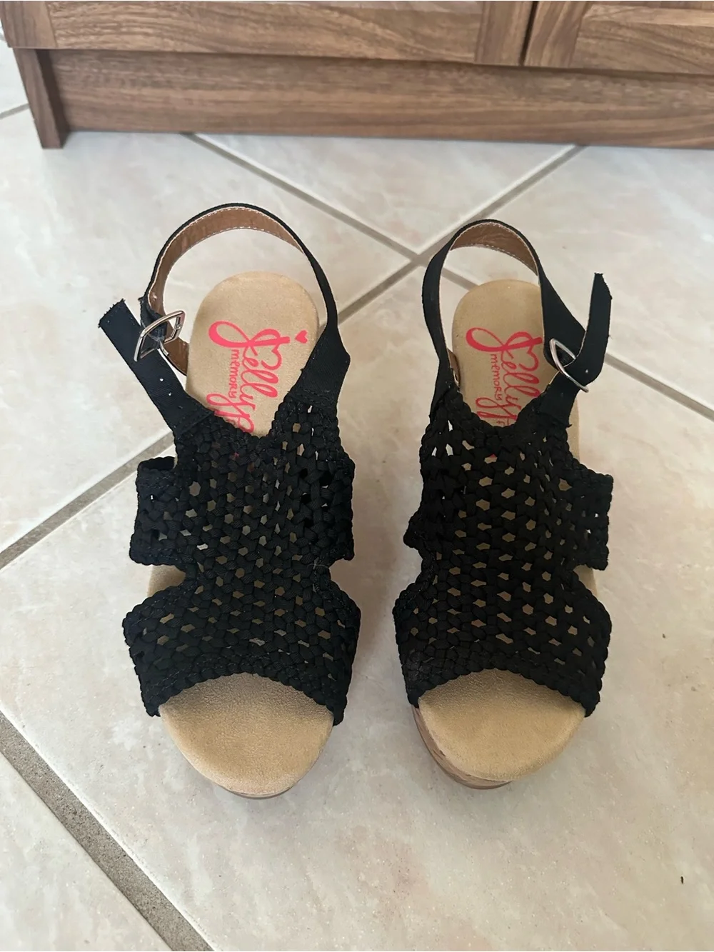 Jellypop Black Woven Cork Wedge Slingbacks